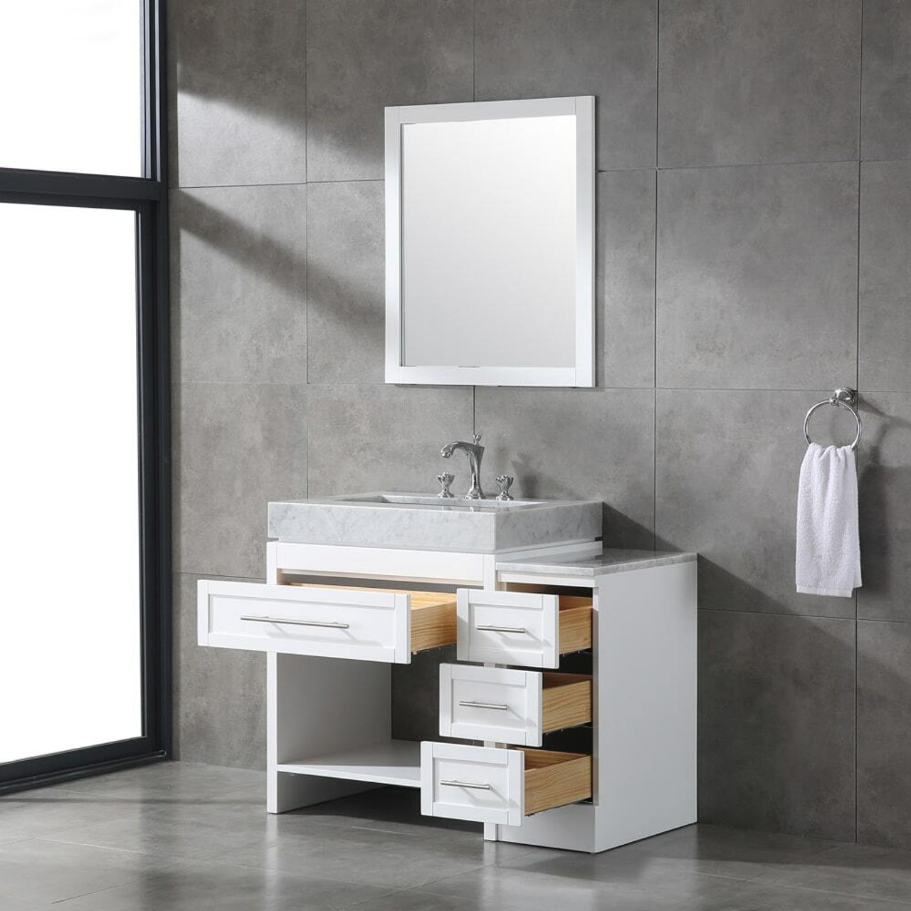 Venetian 12 in Bathroom Drawer Cabinet in White with Carrera White Marble  Countertop