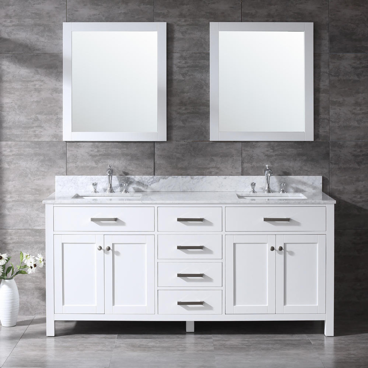 Charleston 72 in Double Sink Bathroom Vanity in White with Carrera White  Marble Countertop