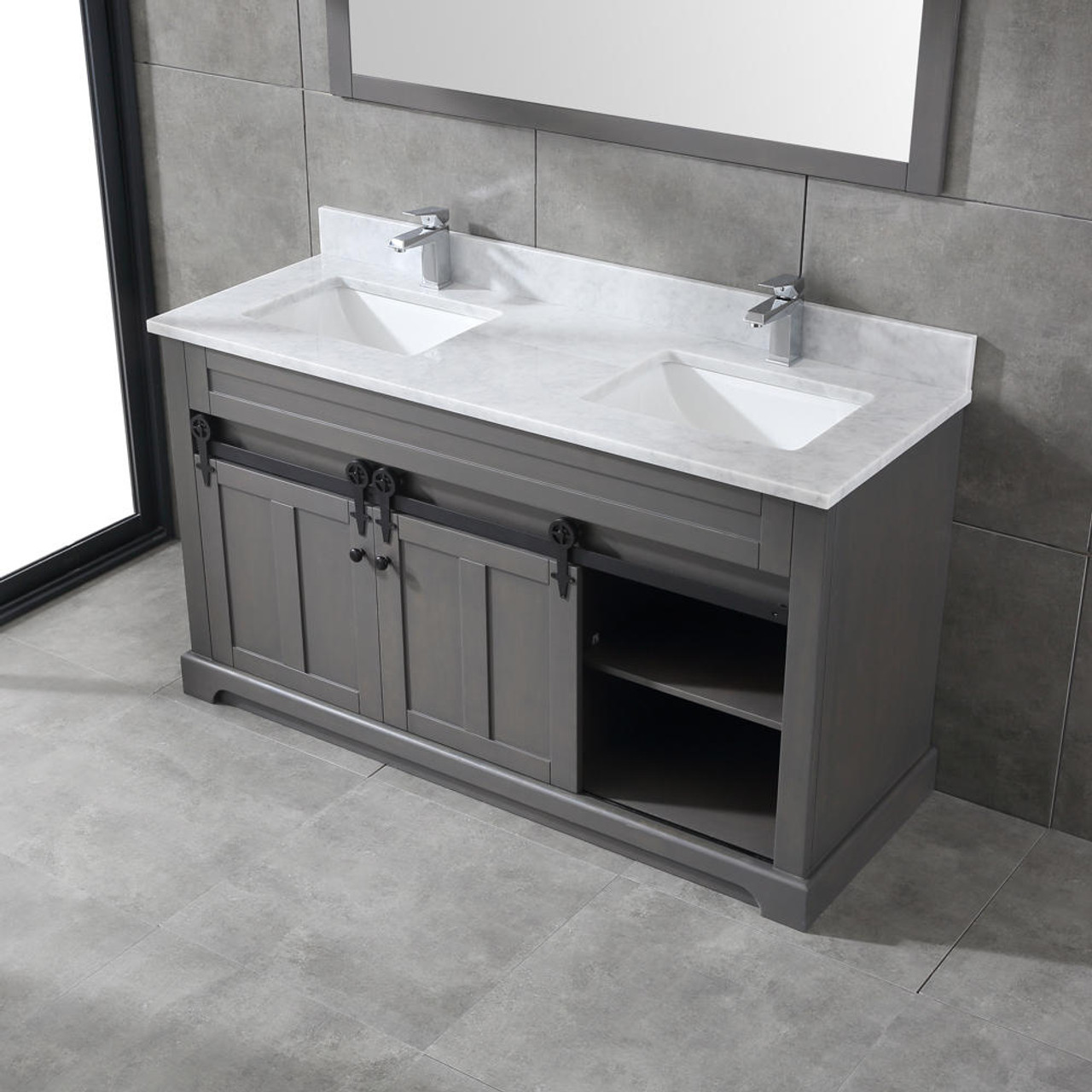 Farmhouse 60 in Double Sink Bathroom Vanity in Grey