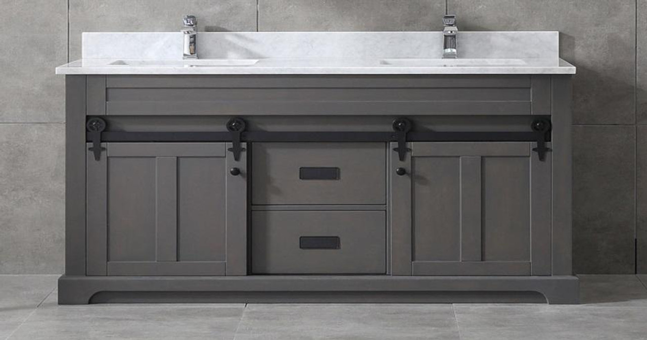 Farmhouse 72 In Double Sink Bathroom Vanity In Grey With Calacatta Gold Quartz Countertop