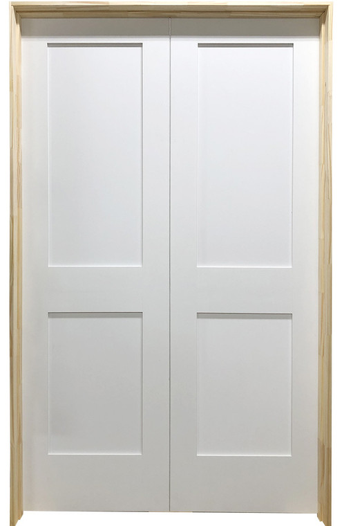 SBM 3/0x6/8 White Shaker 2-Panel Solid Core Primed MDF Prehung Interior French Door