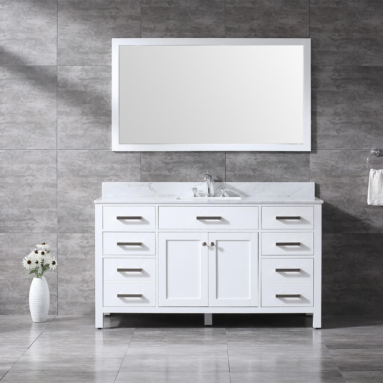 Charleston 60 in Single Sink Bathroom Vanity in White with Carrera White Marble Countertop