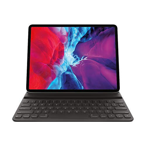 Apple Smart Keyboard Folio in black attached to a 12.9-inch iPad Pro, open in laptop position
