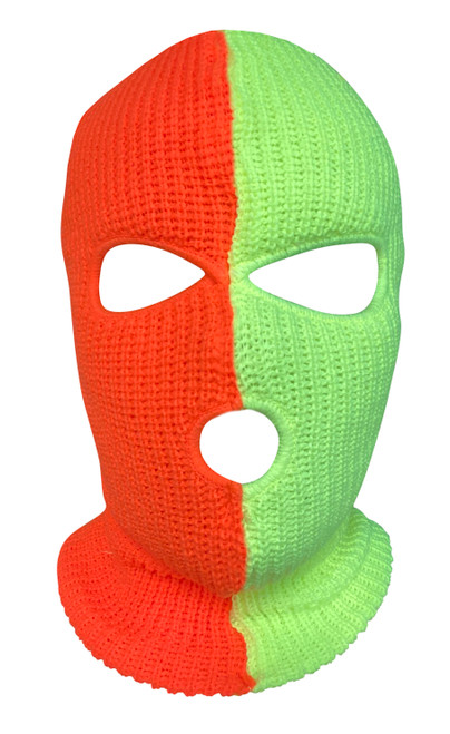 Ski Mask Half Neon Green Half Neon Orange colors 3 holes  Highlighter