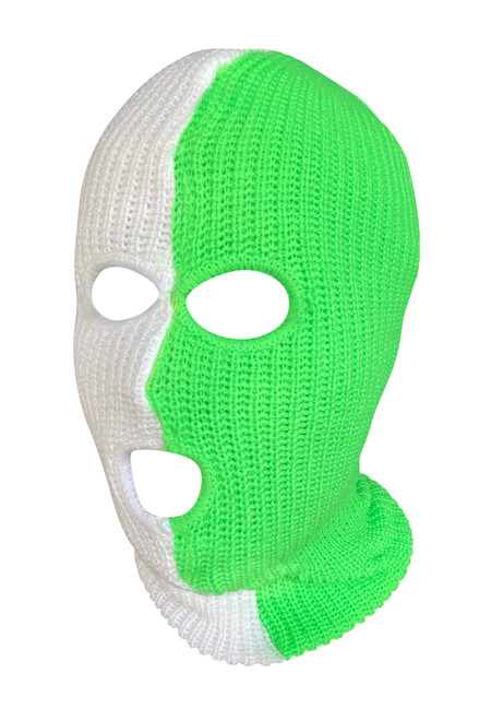 Ski Mask Half Slime Green Half White  colors 3 holes  Lime Ice