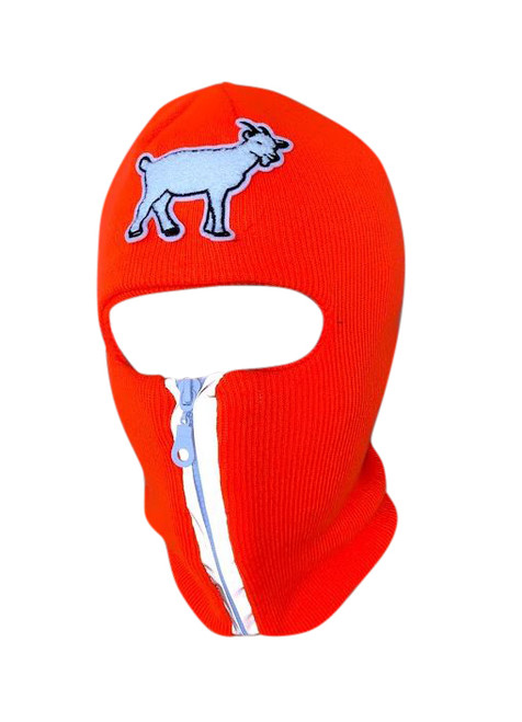 Neon Orange reflective zip up Balaclava with goat emblem, ski mask