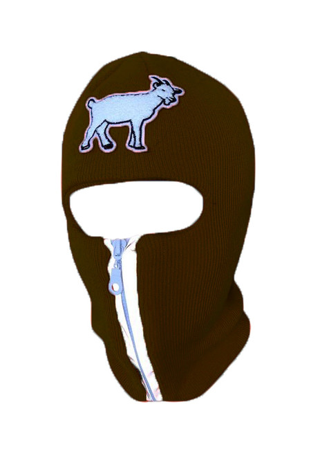 Chocolate Brown reflective zip up Balaclava with goat emblem, ski mask