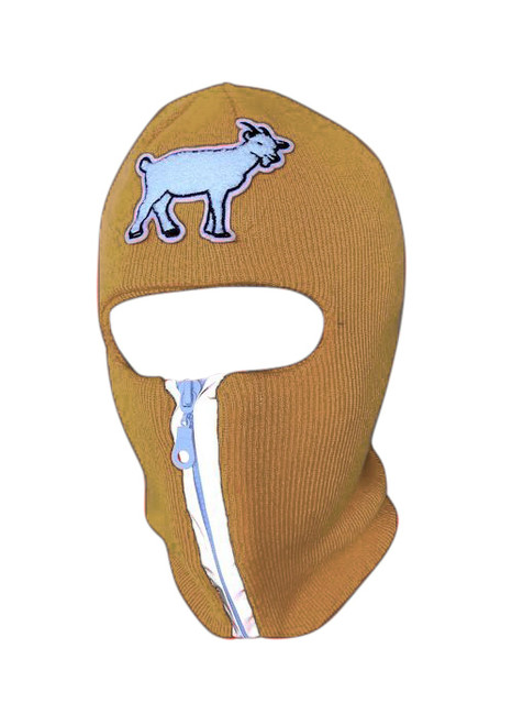 Beige reflective zip up Balaclava with goat emblem, ski mask