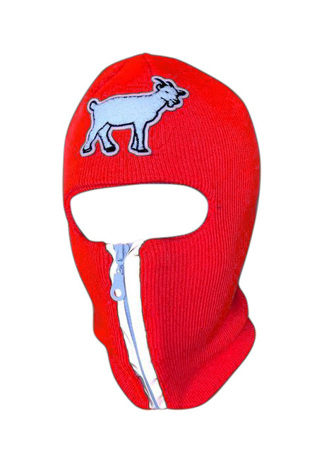 Red reflective zip up Balaclava with goat emblem, ski mask