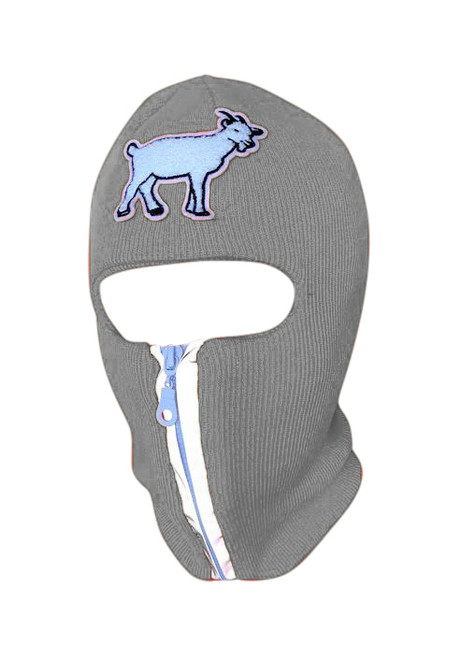 Light Grey reflective zip up Balaclava with goat emblem, ski mask