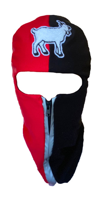 Red and Black  reflective zip up Balaclava with goat emblem, ski mask