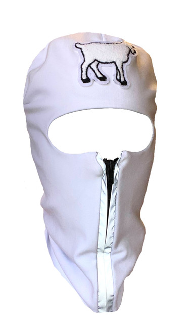 White reflective zip up Balaclava with White goat emblem, ski mask