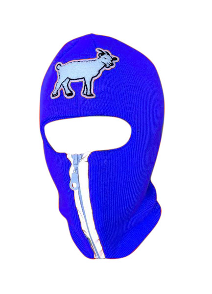 Royal Blue reflective zip up Balaclava with goat emblem, ski mask