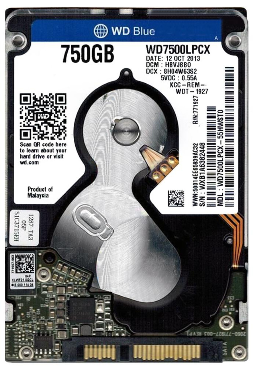 Western Digital Blue 750Gb 5400Rpm SATA 6Gbps 16Mb Cache 2.5-Inch Internal Hard Drive mounted in a laptop