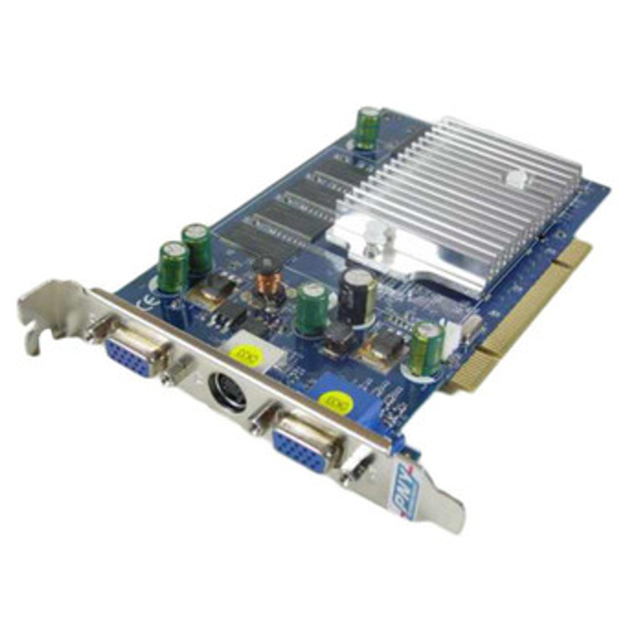 PNY GeForce FX5200 256MB DDR Dual D-Sub/ S-Video Out Port Video Graphics Card mounted in a desktop computer