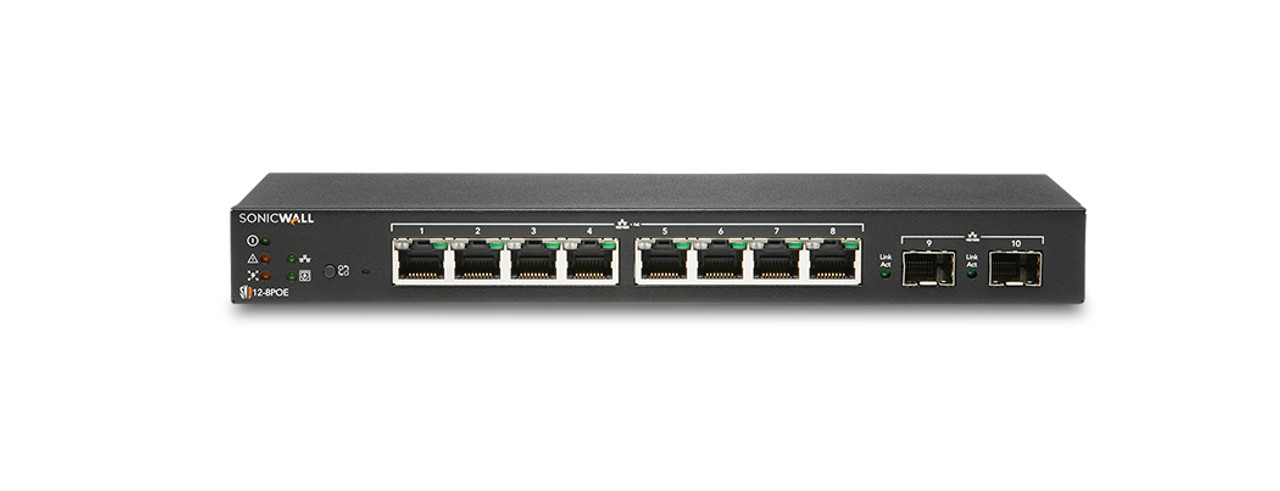 SonicWall SWS12-8POE Managed L2 Gigabit Ethernet PoE Switch, Black - Compatible with Power over Ethernet (PoE) devices