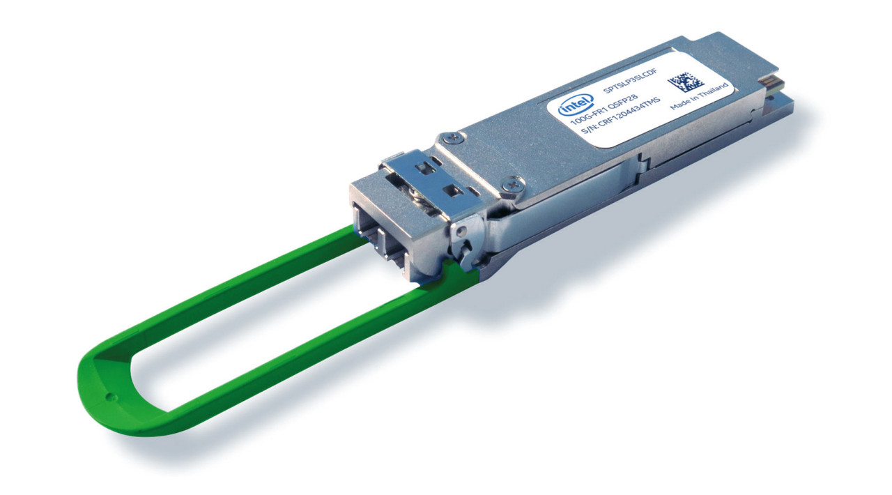 SPTSLP2SLCDFBLK Intel fiber optic transceiver module for 100G QSFP28 network, compatible with Intel servers.