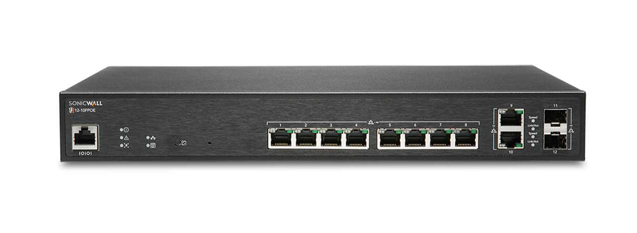 SonicWall SWS12-10FPOE Managed L2 Gigabit Ethernet PoE switch, 02-SSC-2464, black, compatible with PoE devices.