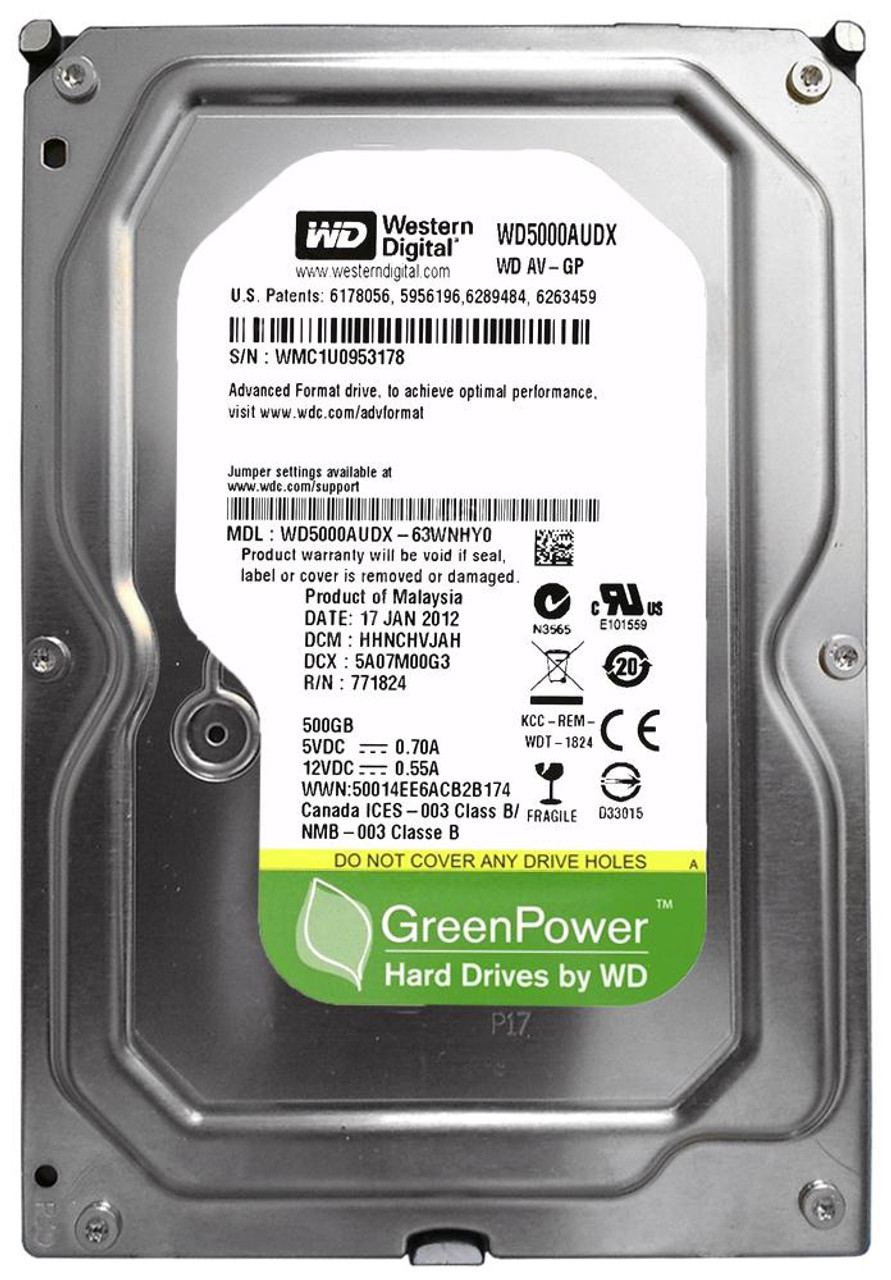 Western Digital Av-Gp 500GB SATA 6Gbps Hard Drive 5400RPM 32MB Cache 3.5 - Compatible with AV surveillance systems