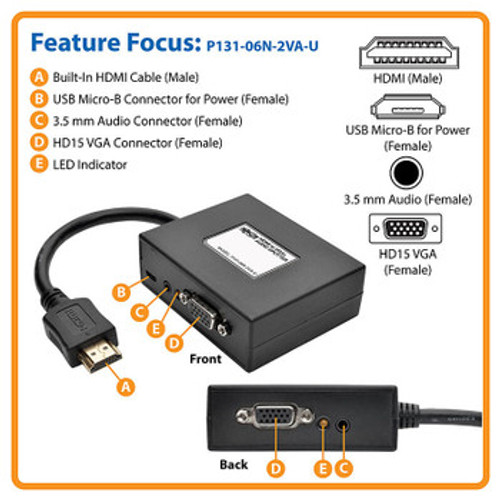Tripp Lite 2-Port HDMI to VGA Splitter Adapter P131-06N-2VA-U for Audio/Video Conversion