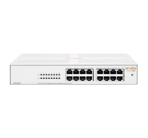 Hewlett Packard Enterprise Aruba Instant On 1430 16G Unmanaged L2 Gigabit Ethernet switch in white, 1U size