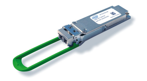 SPTSLP2SLCDFBLK Intel fiber optic transceiver module for 100G QSFP28 network, compatible with Intel servers.