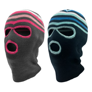 Girl's 3 hole knit face mask, stripes. One Size Fits Most. Assorted colors. Girl's 3 hole knit face mask, stripes. One Size Fits Most. Assorted colors.