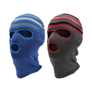 Boy's 3 hole knit face mask with stripes. One Size Fits Most. Assorted colors. Boy's 3 hole knit face mask with stripes. One Size Fits Most. Assorted colors.