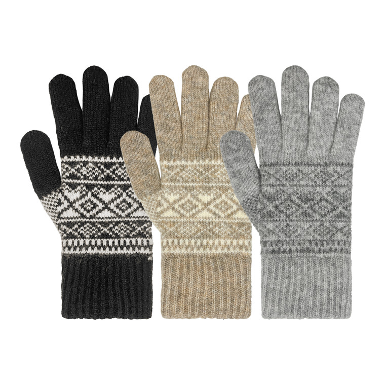 Women's Fairisle Gloves with finger and thumb hole for touchscreen, double knit cuff. Assorted colors.
