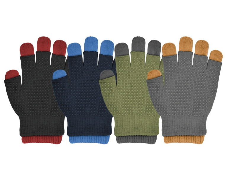 Boy's 2-in-1 acrylic knit magic Stretch Glove. Outer fingerless glove with gripper dots palm and full finger magic stretch glove. Assorted colors Boy's 2-in-1 acrylic knit magic Stretch Glove. Outer fingerless glove with gripper dots palm and full finger magic stretch glove. Assorted colors