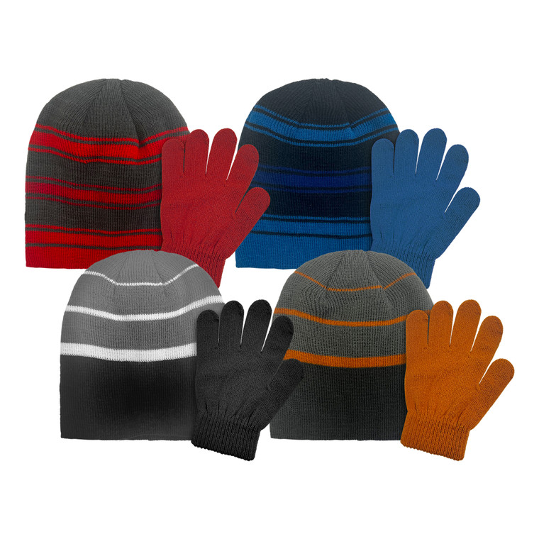 Boy's Beanie and Stretch Glove Set.  Stripe Beanie and solid magic stretch glove. Size 4-7. Assorted colors.