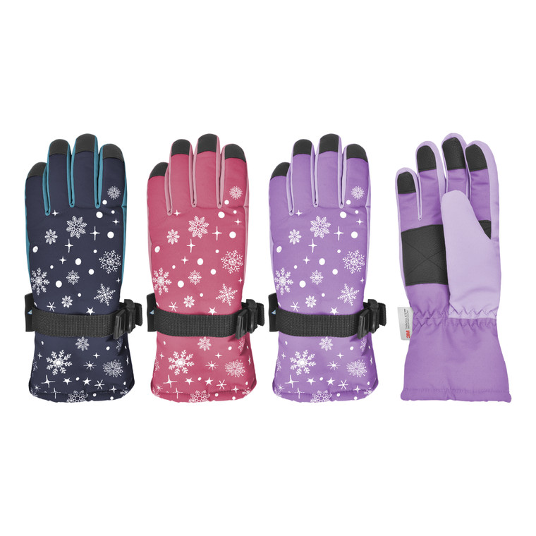 Girl's Sparkle Snowflake Ski Gloves. 3M Thinsulate™ insulation, Waterproof, quick release wrist strap, grip palm. Size 7-16. Assorted colors. Girl's Sparkle Snowflake Ski Gloves. 3M Thinsulate™ insulation, Waterproof, quick release wrist strap, grip palm. Size 7-16. Assorted colors.