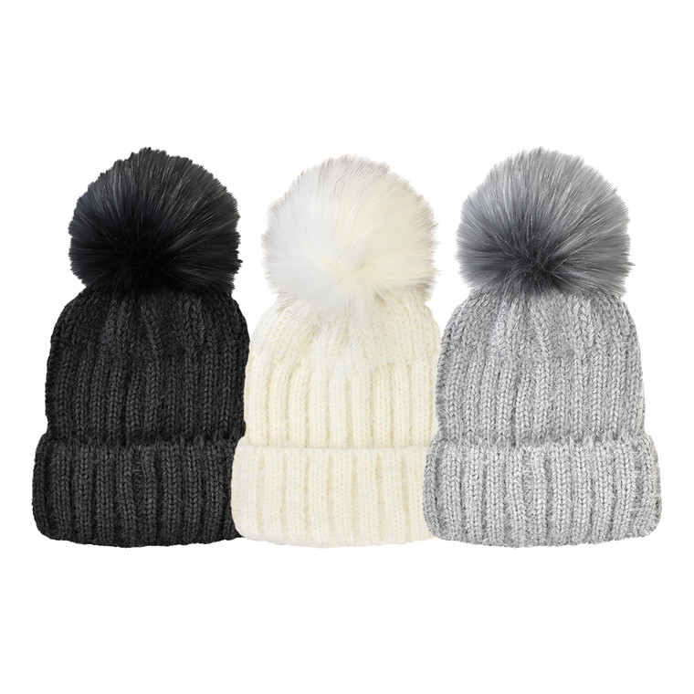 Women's Ribbed Beanie with oversize faux fur pom. One Size Fits Most. Assorted colors. Women's Ribbed Beanie with oversize faux fur pom. One Size Fits Most. Assorted colors.