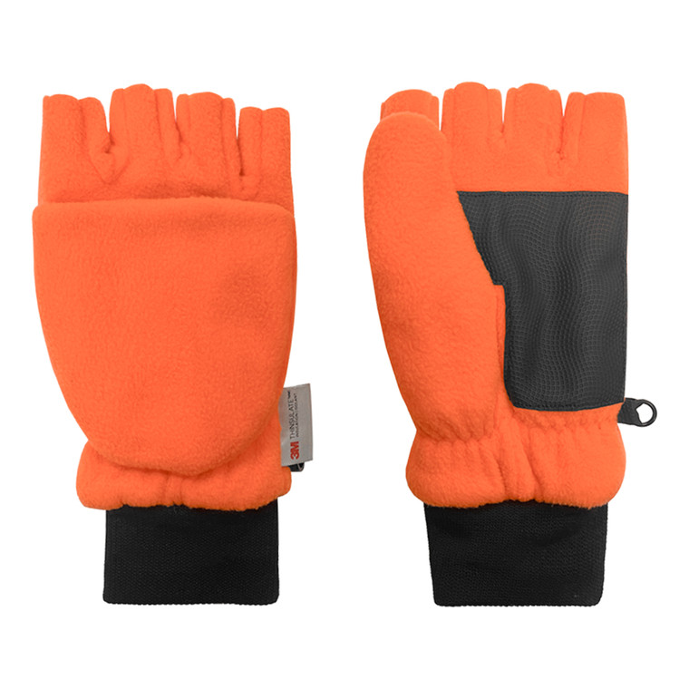 Men's Microfleece Pop-top Glove-Mitten, 3M Thinsualte insulation, grip palm patch, & knit cuff.  Sizes: Md., Lg, XL. Blaze Orange. Men's Microfleece Pop-top Glove-Mitten, 3M Thinsualte insulation, grip palm patch, & knit cuff.  Sizes: Md., Lg, XL. Blaze Orange.