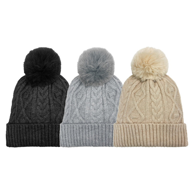 Women's Cable Cuff Hat with plush lining and faux fur pom. One Size Fits Most. Assorted colors. Women's Cable Cuff Hat with plush lining and faux fur pom. One Size Fits Most. Assorted colors.