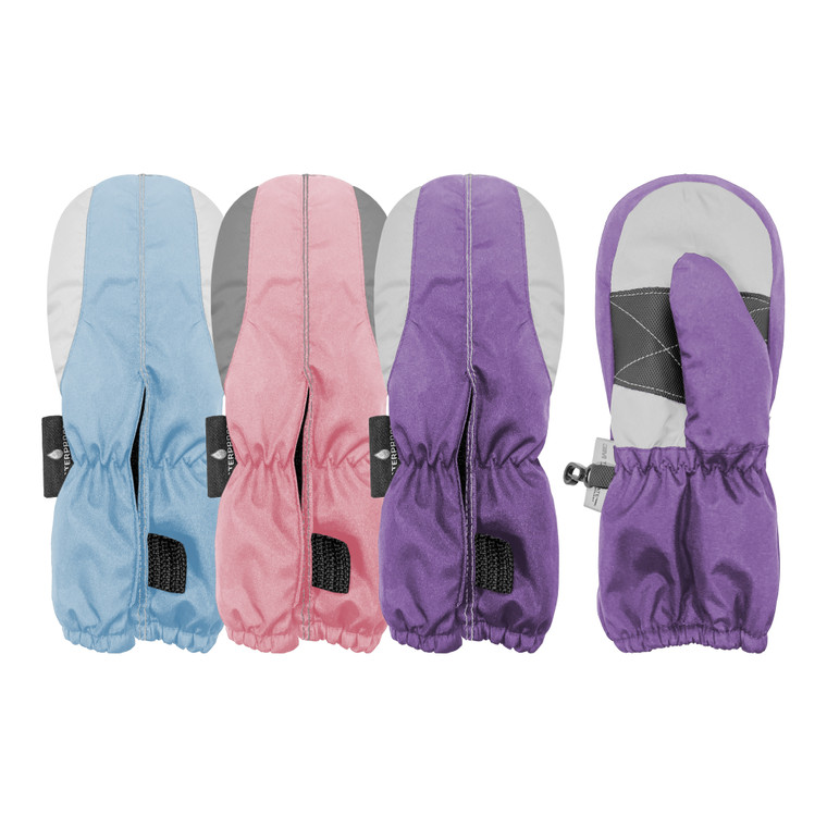 Toddler Ski Mitten, 3M Thinsulate™ insulation, Waterproof, long cuff, grip palm patch, & knit cuff. Size: 2-4. Assorted Colors.