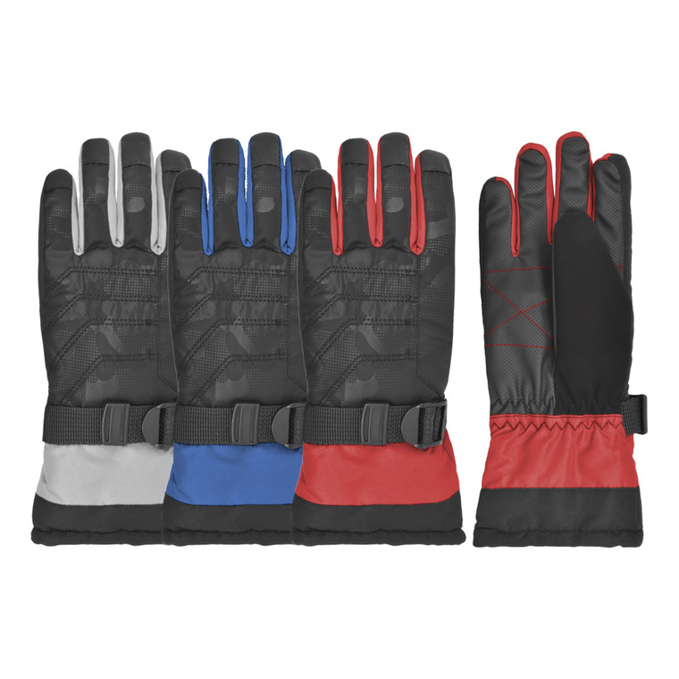 Boy's Ski Glove, 3M Thinsulate ™ Insulation, waterproof, grip palm patch, quick release wrist strap, and draw cord & stopper on cuff. Size 8-12. Assorted colors. Boy's Ski Glove, 3M Thinsulate ™ Insulation, waterproof, grip palm patch, quick release wrist strap, and draw cord & stopper on cuff. Size 8-12. Assorted colors.