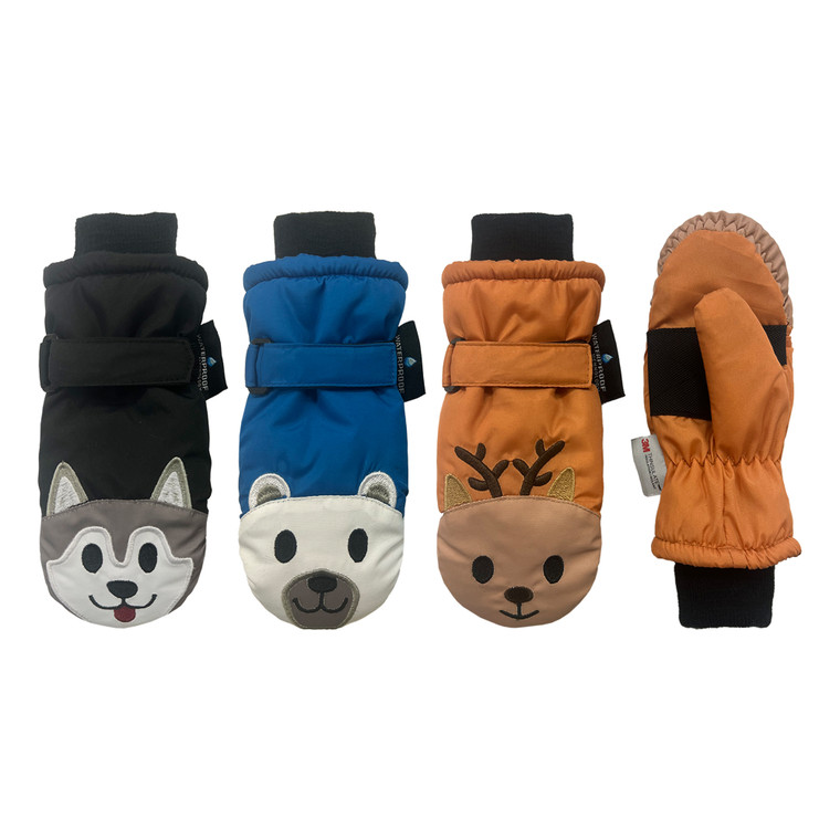 Toddler Ski Mitten, 3M Thinsulate™ insulation, Waterproof, faces patterns, grip palm patch, & knit cuff. Size: 2-4. Assorted Colors. Toddler Ski Mitten, 3M Thinsulate™ insulation, Waterproof, faces patterns, grip palm patch, & knit cuff. Size: 2-4. Assorted Colors.