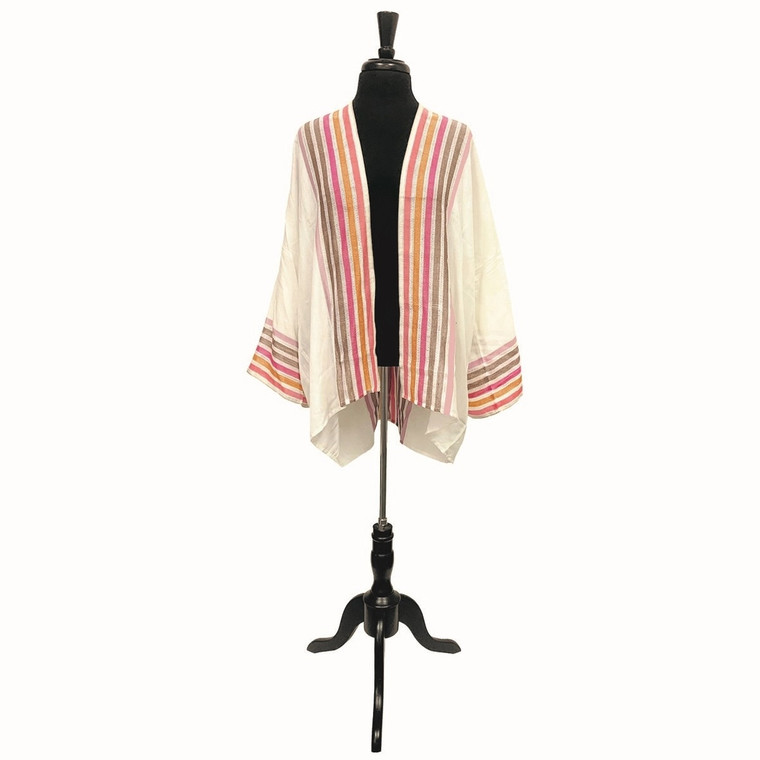 Women's wholesale stripe Kimono.  Delicate yarn dyed striped kimono in pink tones. Waffle weave details between stripes. This lightweight kimono from Bella by Becker Brands is great paired with denim, white, or neutral summer wear.
