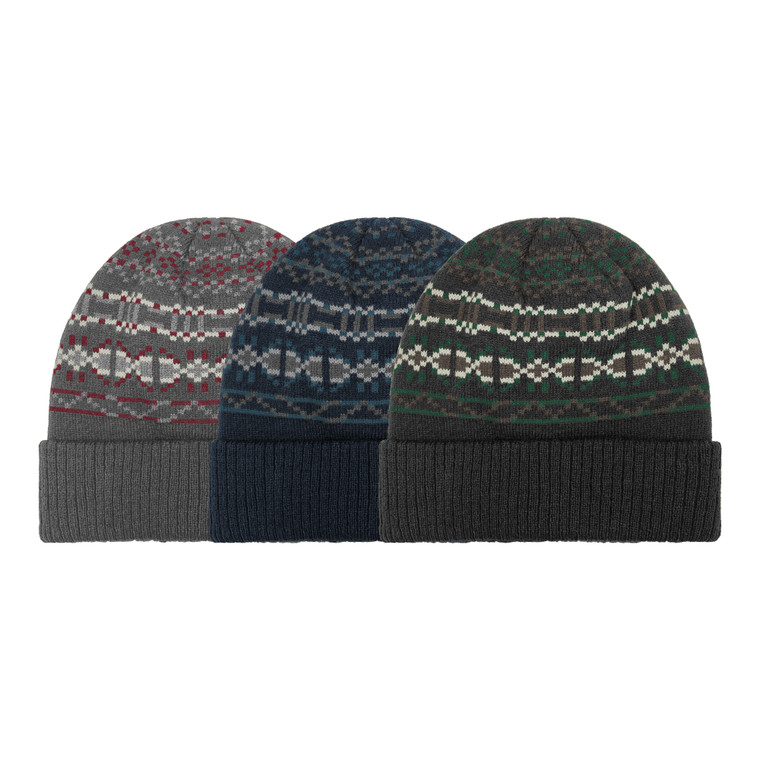 Men's Fair Isle Beanie with full knit lining and double knit cuff. One Size Fits Most. Assorted colors.