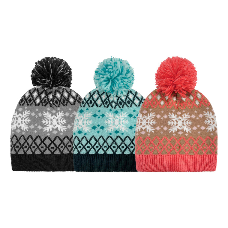 Girl's Snowflake Beanie with pom & plush lining.  One Size Fits Most.  Assorted colors. Girl's Snowflake Beanie with pom & plush lining.  One Size Fits Most.  Assorted colors.