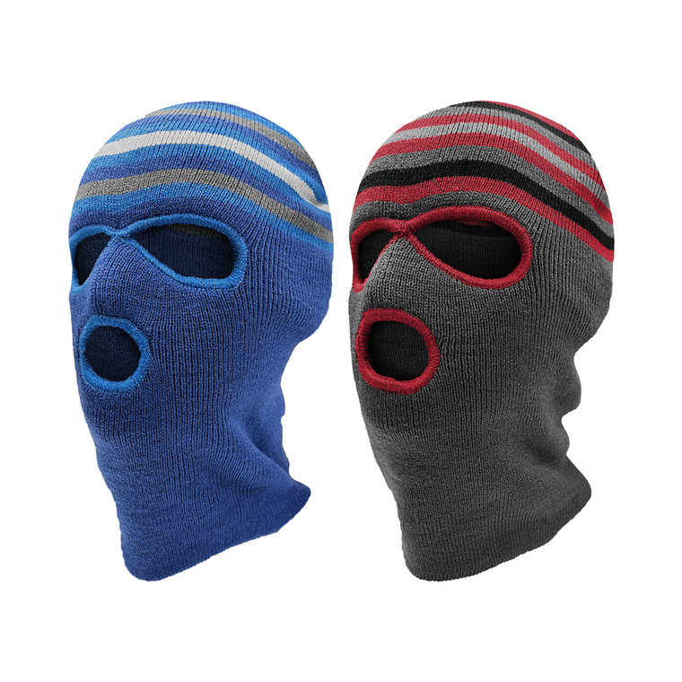 Boy's 3 hole knit face mask with stripes. One Size Fits Most. Assorted colors. Boy's 3 hole knit face mask with stripes. One Size Fits Most. Assorted colors.