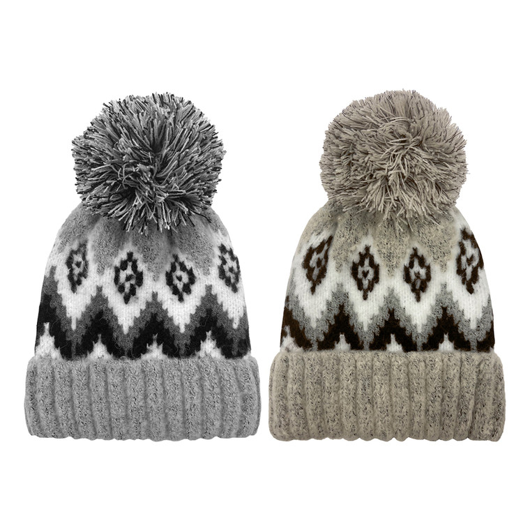 Women's Boucle Fairisle Cuff Hat with oversize pom. One Size Fits Most. Assorted colors. Women's Boucle Fairisle Cuff Hat with oversize pom. One Size Fits Most. Assorted colors.