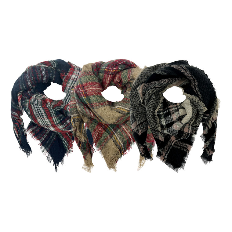 Women's Boucle Plaid Scarf with fringe, One Size Fits Most.  Assorted colors. Women's Boucle Plaid Scarf with fringe, One Size Fits Most.  Assorted colors.