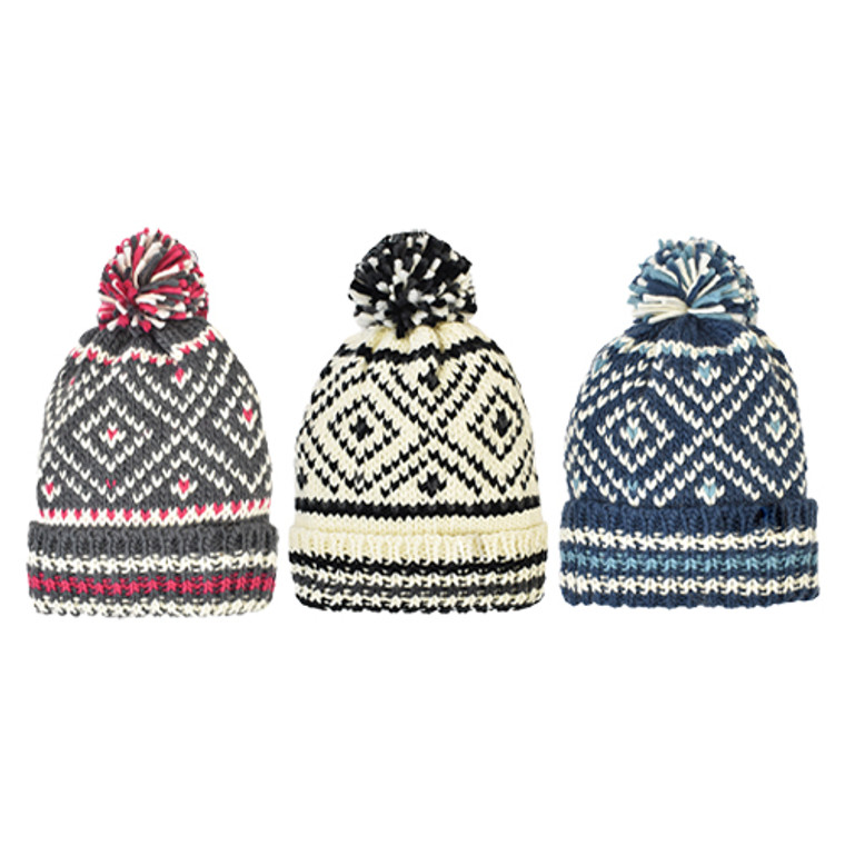 Women's Fairisle Beanie, multi-color pom, fleece lined. One Size Fits Most. Assorted colors. Women's Fairisle Beanie, multi-color pom, fleece lined. One Size Fits Most. Assorted colors.