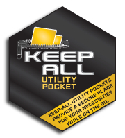 Hexagonal label reading “KEEP ALL UTILITY POCKET” with an image of yellow folders in a zippered pocket. The bottom text highlights the pocket’s purpose: to provide secure storage for essentials while on the go.