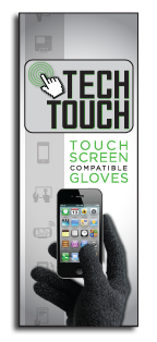 Promotional graphic showing a gloved hand using a smartphone with the label “TECH TOUCH – Touch Screen Compatible Gloves,” emphasizing the glove’s touchscreen functionality.