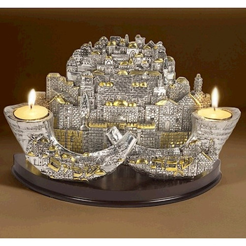 Candle Holder-Two Shofars & Jerusalem City-Silverplated (#43134) by Holy Land Gifts