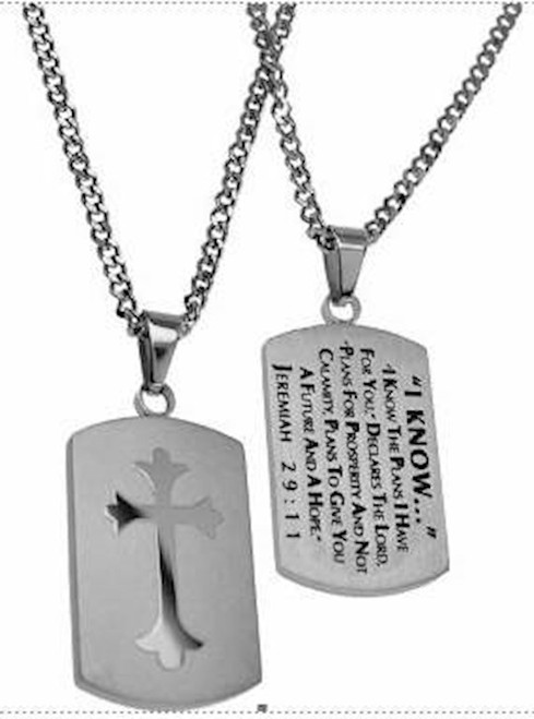 Necklace-Dog Tag Cross-I Know-Silver (Mens)-24" Chain by Stainless Steel
