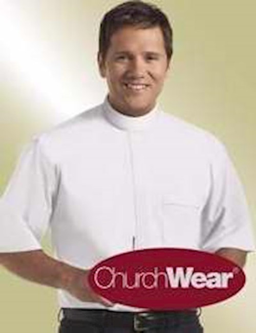 Clergy Shirt-Short Sleeve Banded Collar-19 In-White by Short Sleeve/White
